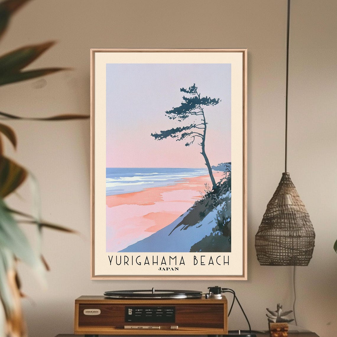 Yurigahama Beach Japan Pink Sunset Pine Tree Watercolor Poster - Image 3