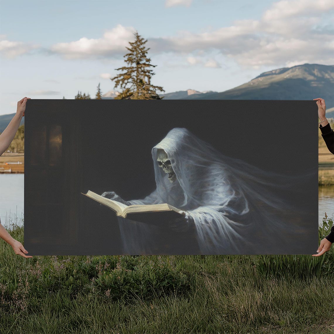 Hooded Ghost Reading Book Dark Background Spooky Phantom Art Poster