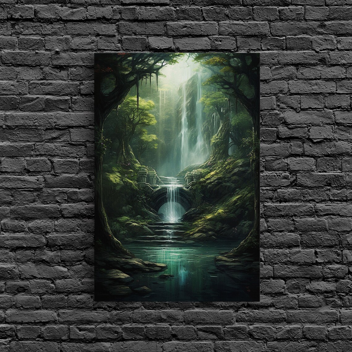 Enchanter Forest Waterfalls Fantasy Art Print