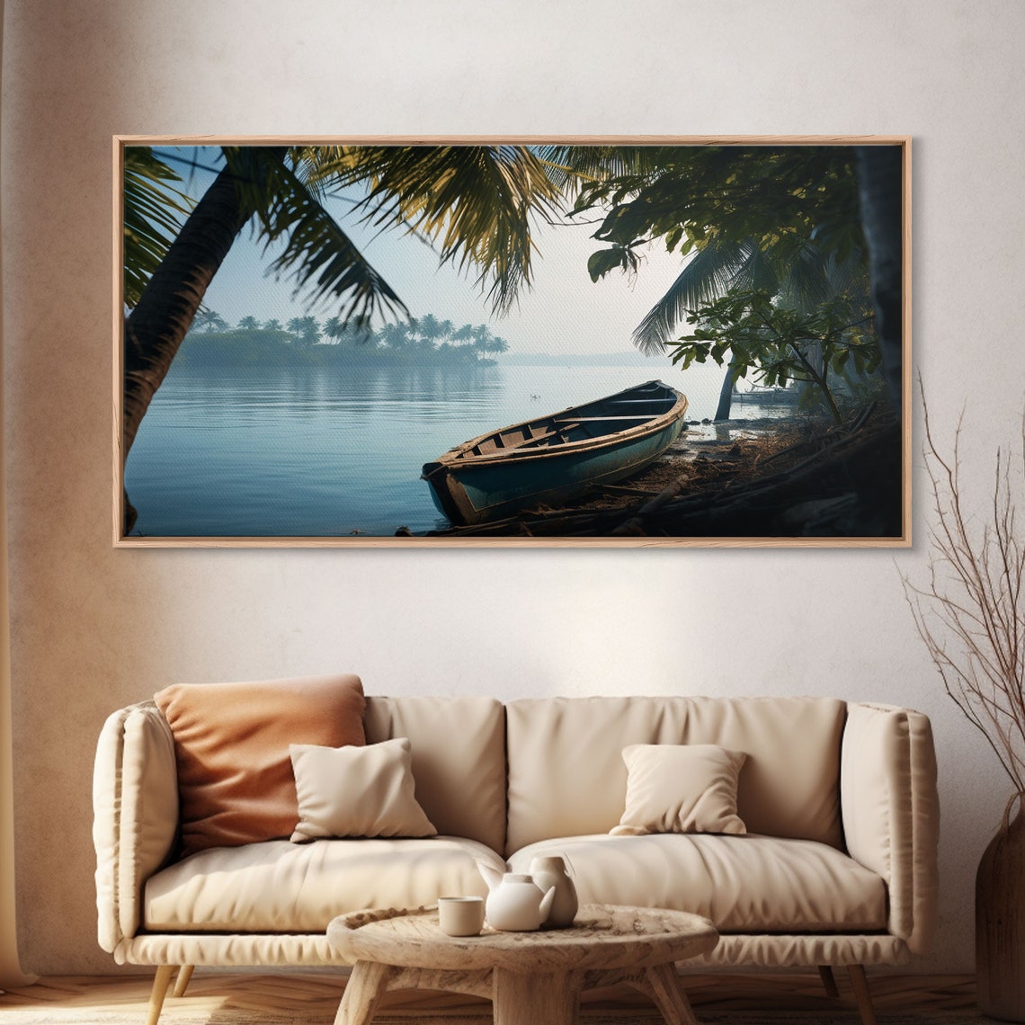 Abandoned Wooden Canoe Misty Tropical Lake Palm Trees Dawn Poster - Image 4