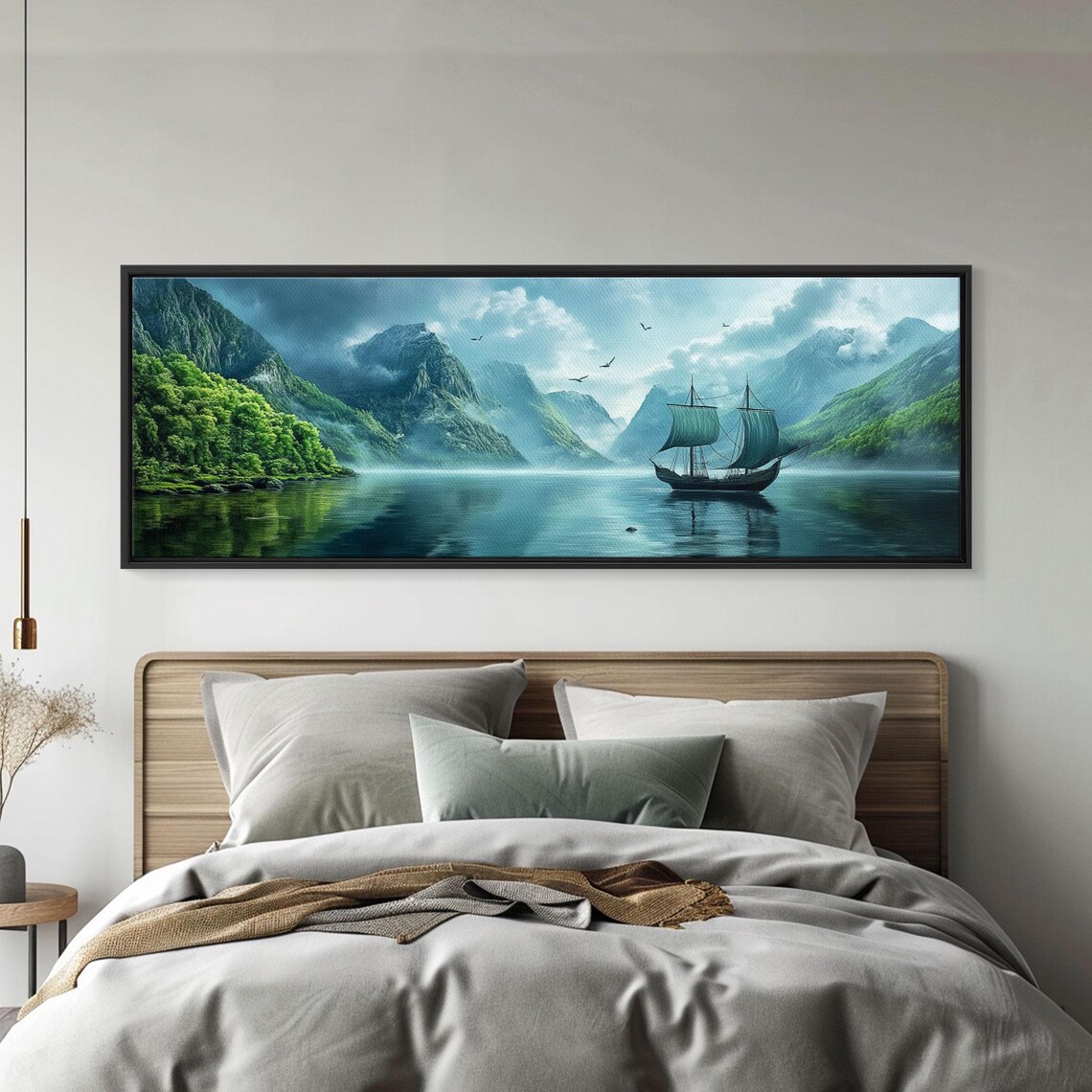 Misty Mountain Fjord Sailing Ship Fantasy Bay Oil Painting Poster - Image 5