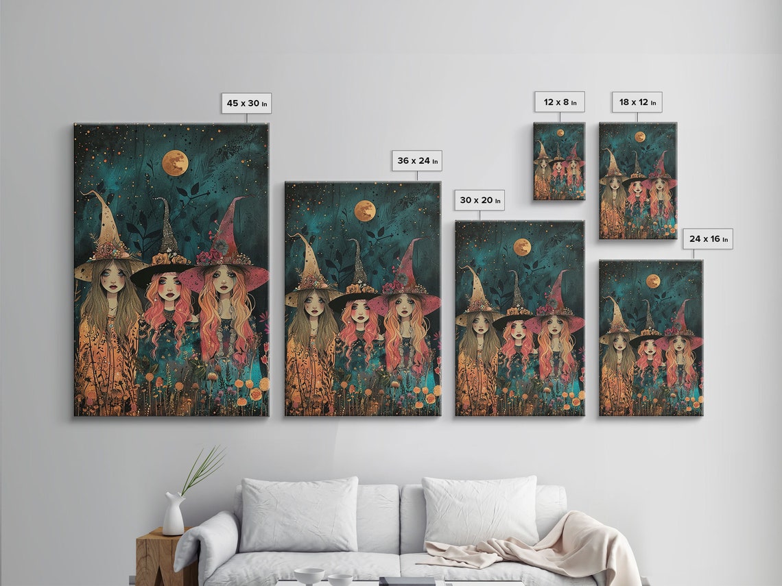Spring Witches Coven Trio Full Moon Wildflowers Cottagecore Poster - Image 2