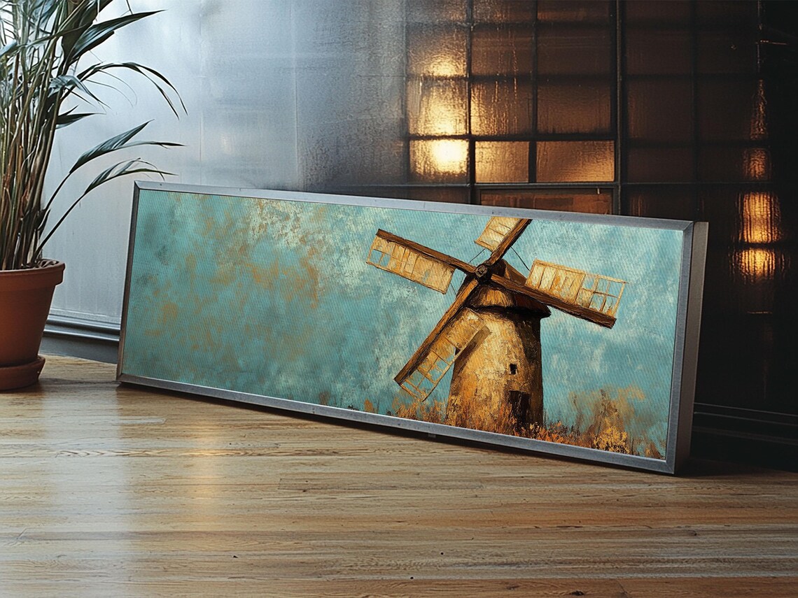 Rustic Stone Windmill Teal Sky Painterly Farmhouse Panoramic Landscape Poster - Image 4