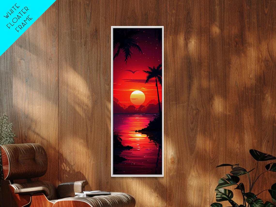Retro Tropical Palm Sunset Ocean Red Sky Midcentury Beach Poster - Image 3
