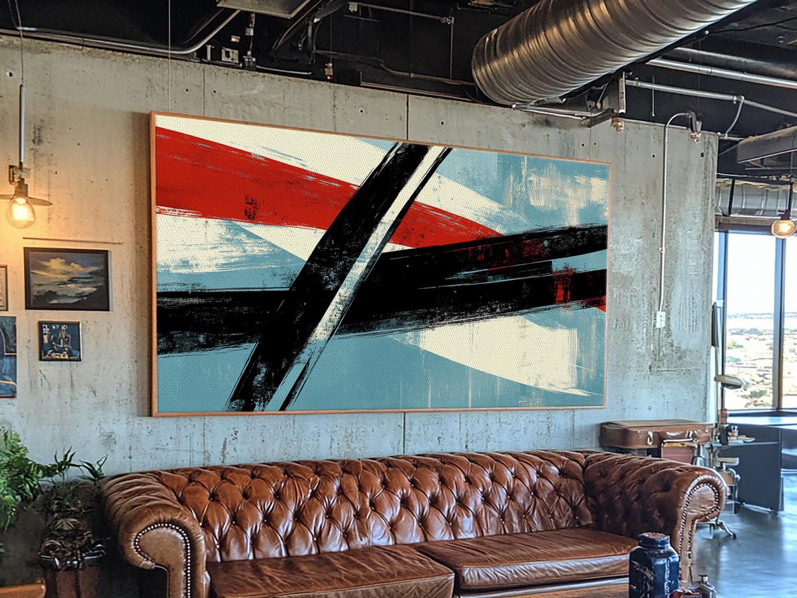 Mid Century Modern Bold Red Black Abstract Brush Strokes Print