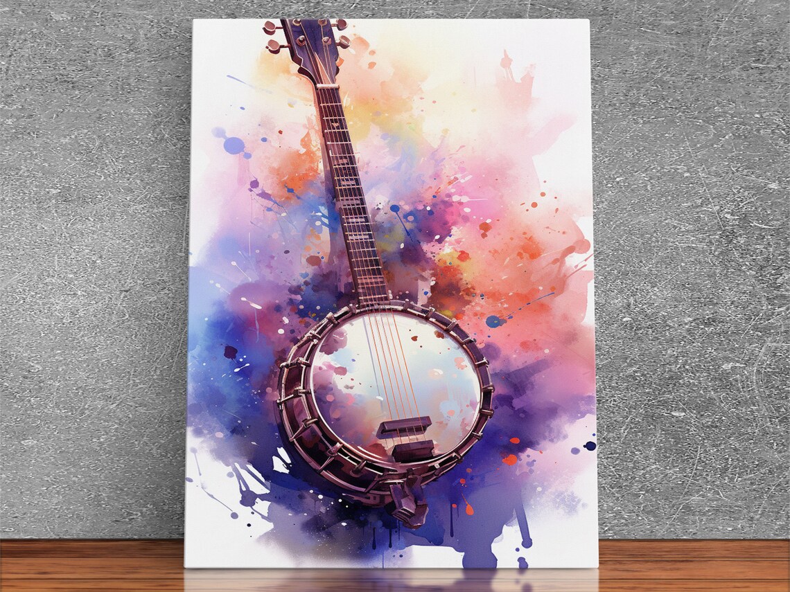 Banjo In Pink Purple Watercolor Splash Country Music Art Wall Poster - Image 4