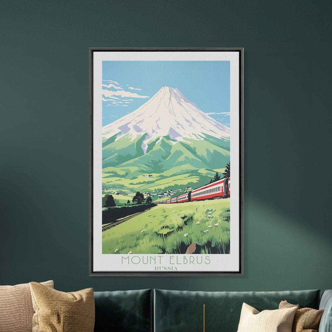 Mount Elbrus Russia Snow Capped Peak Train Meadow View Poster - Image 4