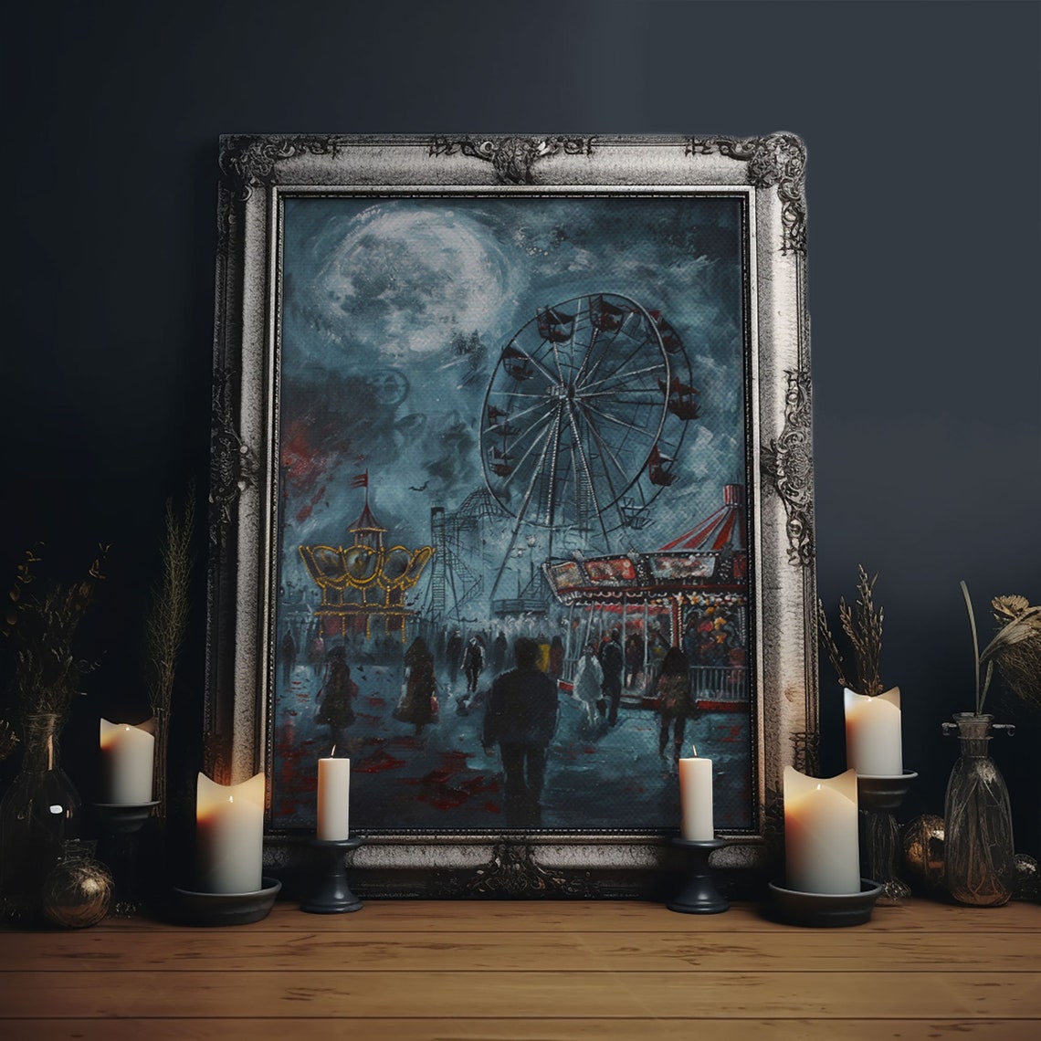 Eerie Haunted Carnival Full Moon Ferris Wheel Nightmare Scene Poster