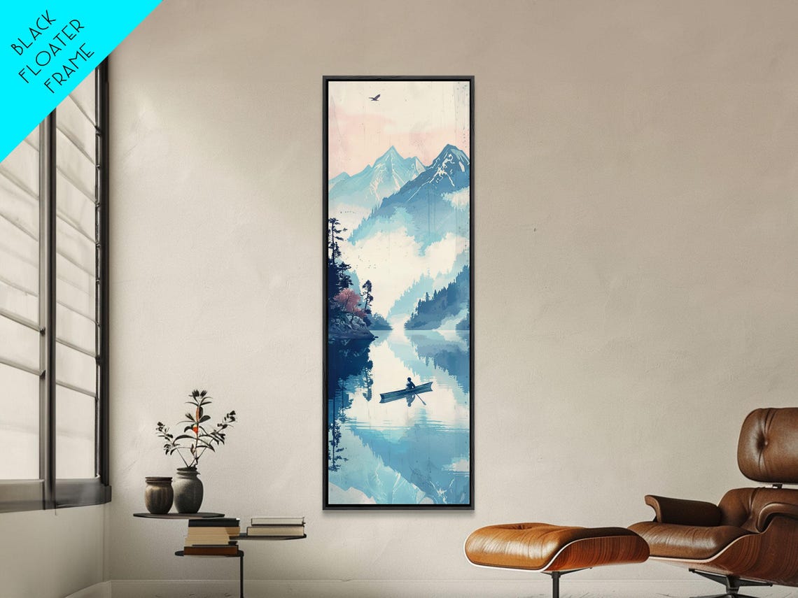 Rowboat Misty Lake Blue Mountains Reflection Serene Ukiyo E Poster - Image 2