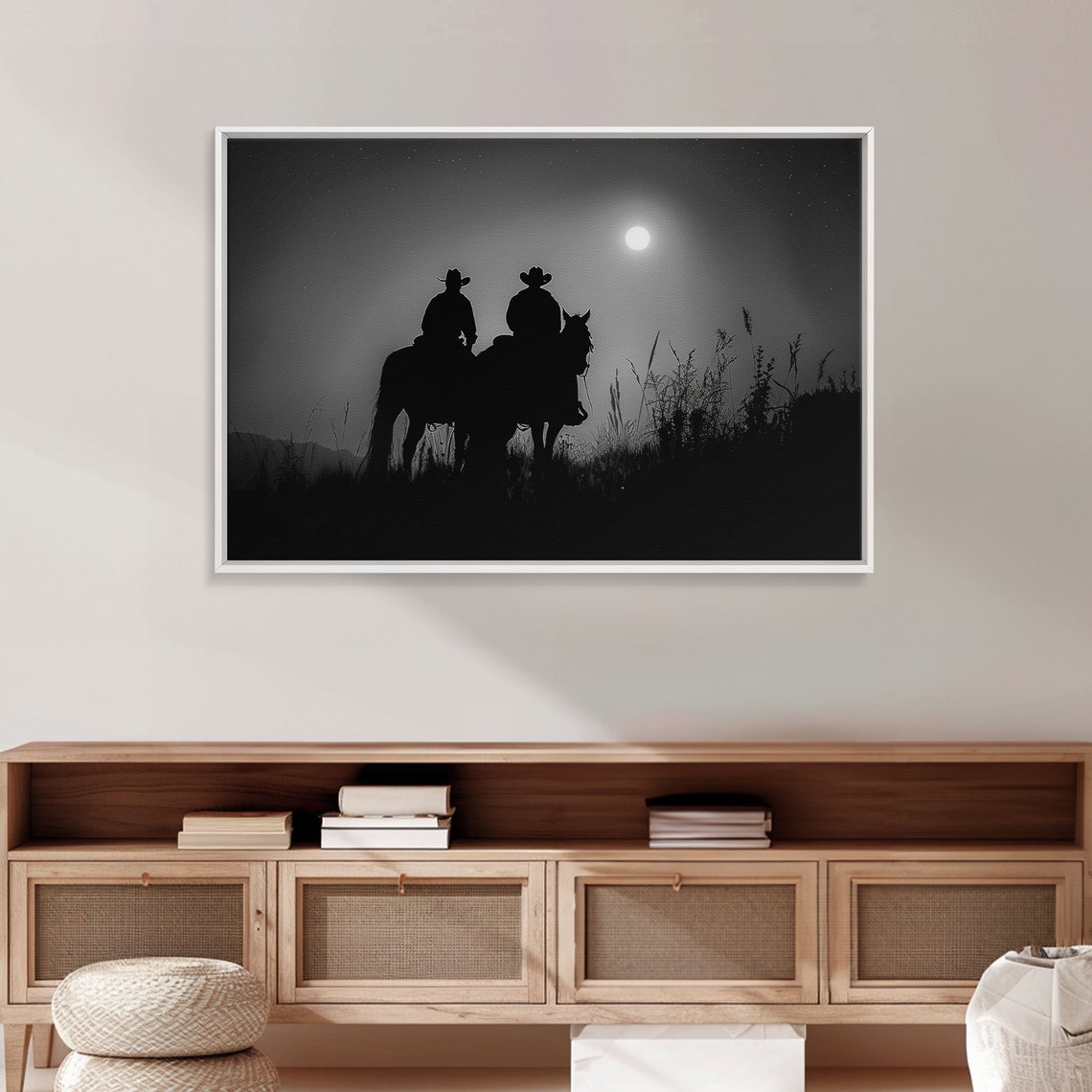 Two Cowboys Silhouette Full Moon Night Black White Western Poster - Image 2