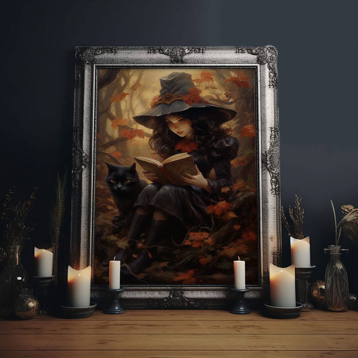 Cute Little Witch and Cat, Vintage Halloween Art Print - Image 6