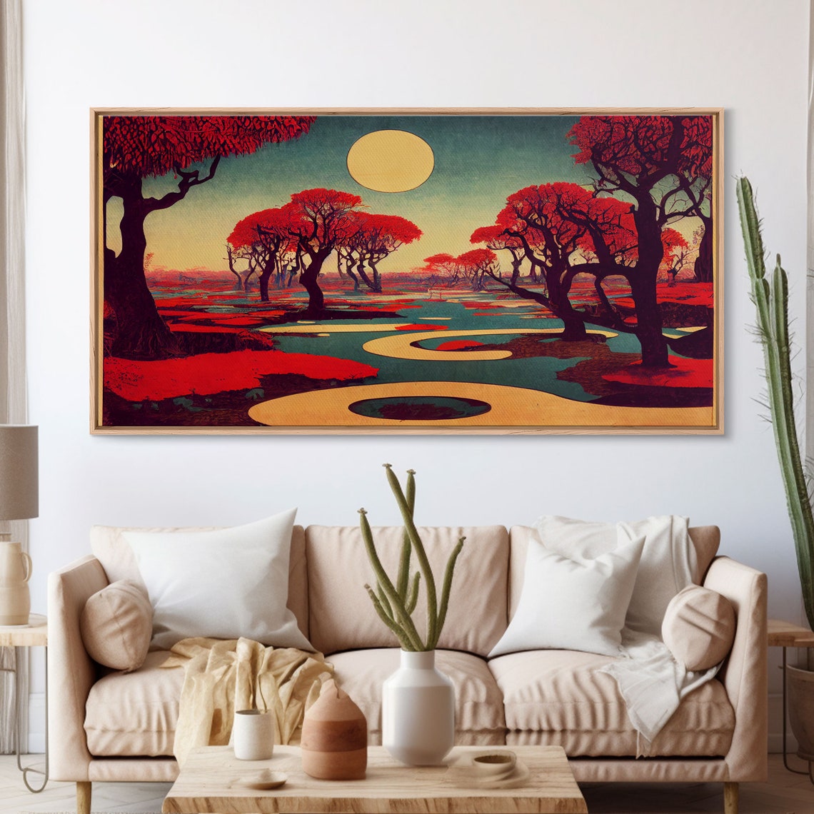 Crimson Red Cherry Blossom Trees Under Golden Sun Geometric Art Print - Image 3