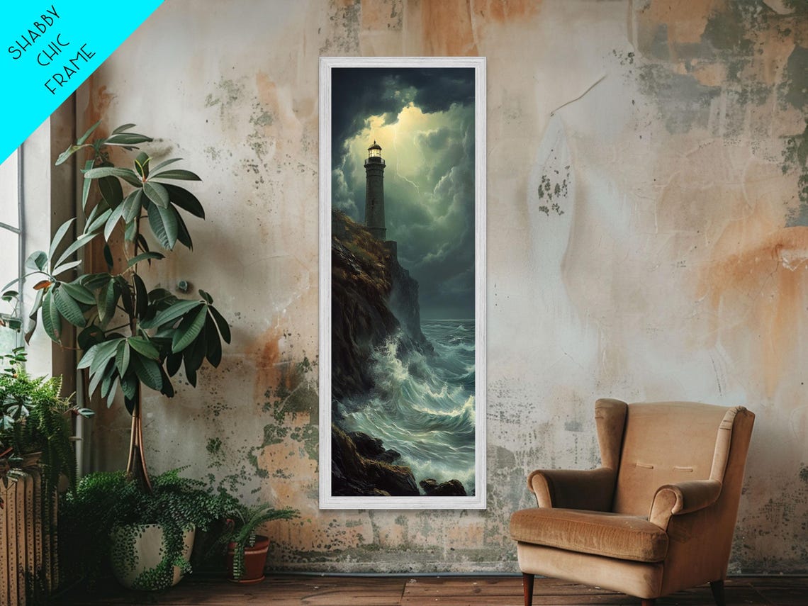 Nautical Landscape Painting Print The Light House Lighthouse Painting Seascape Painting Accent Piece Tall Narrow Art Skinny Art