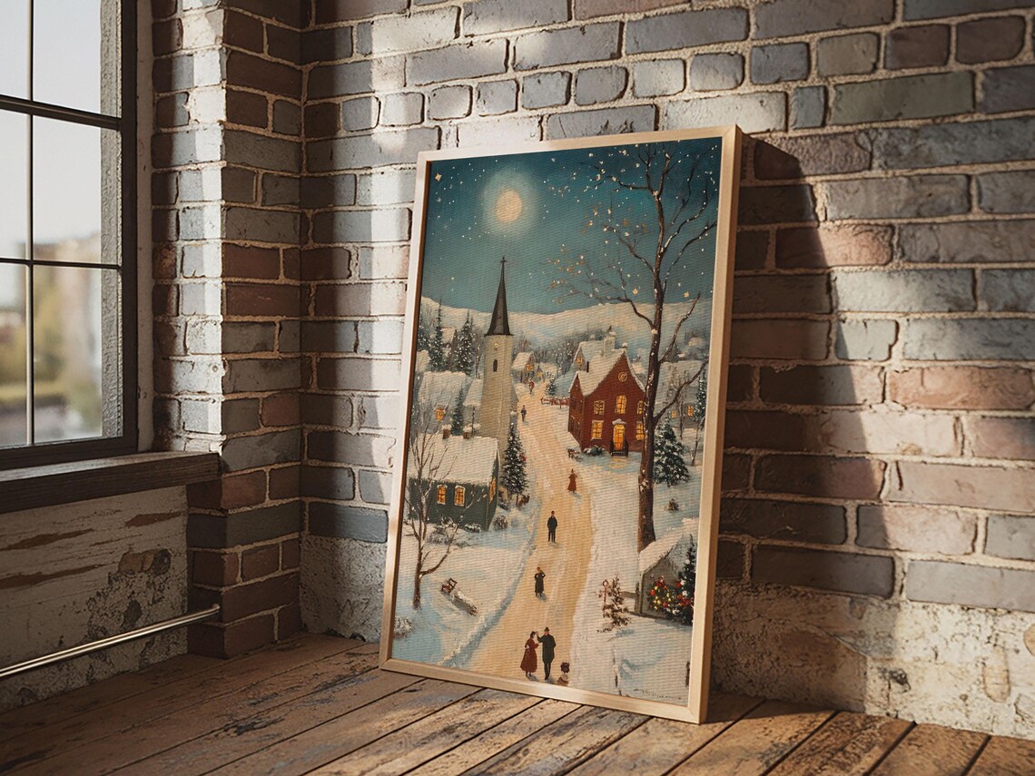 Full Moon Christmas Eve Village Church Snowy Night Painting Poster - Image 5