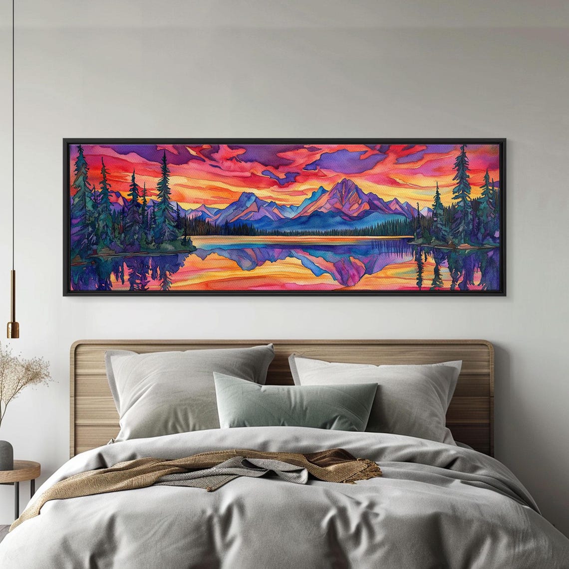 Surreal Pink Sunset Mountain Lake Reflection Pine Trees Art Poster - Image 2