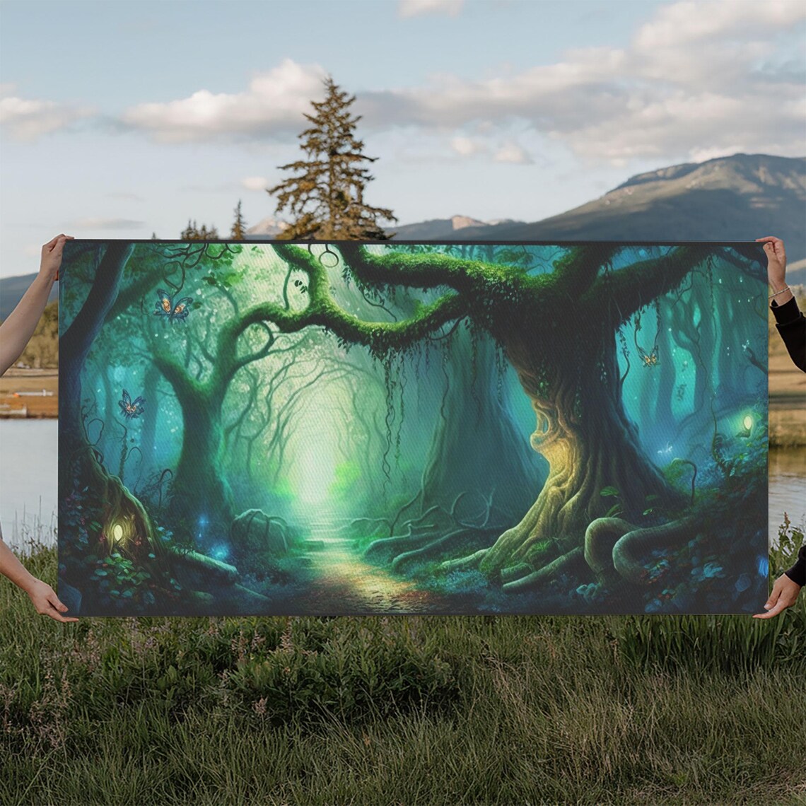 Magical Green Fairy Forest Mossy Archway Trees Glowing Path Wall Poster