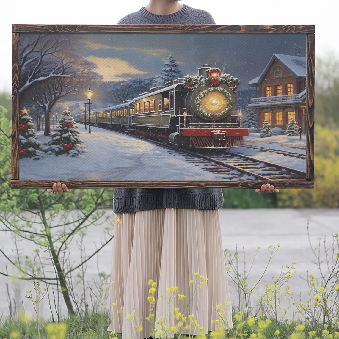 Christmas Steam Train With Wreath At Snowy Station Oil Painting Poster - Image 2