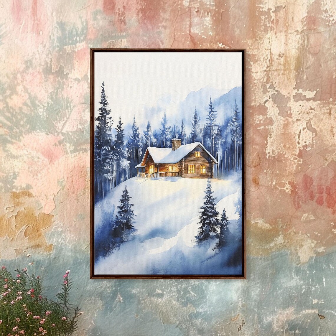 Winter Wonderland Log Cabin Snowy Pines Glowing Watercolor Wall Art