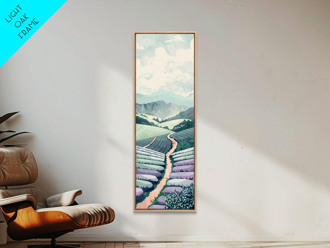 Lavender Field Rows Mountain Path Serene Landscape Art Poster - Image 3