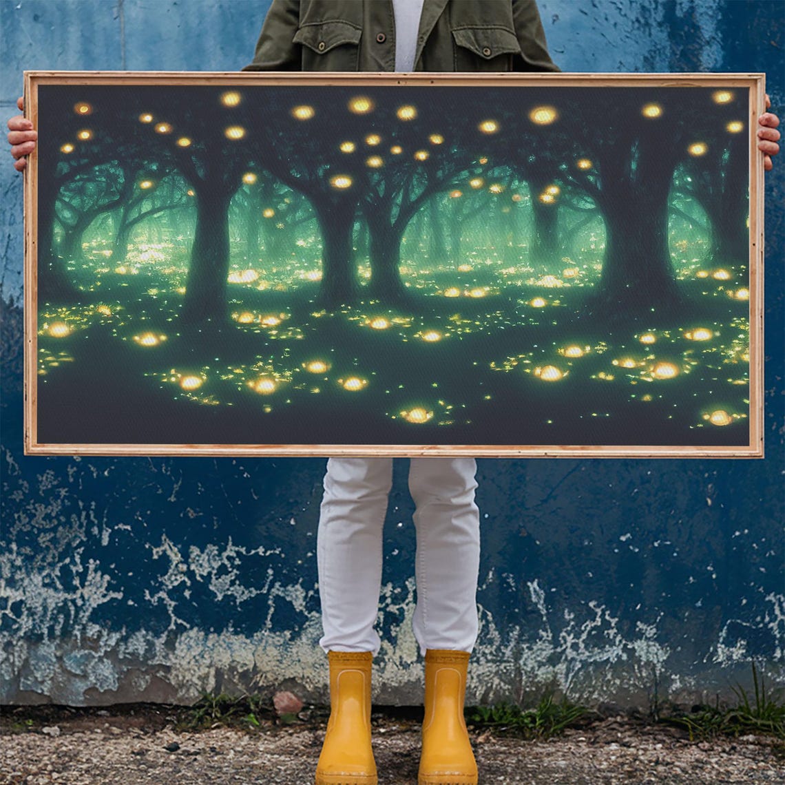 Enchanted Firefly Forest At Night With Glowing Teal Mist Wall Art - Image 5
