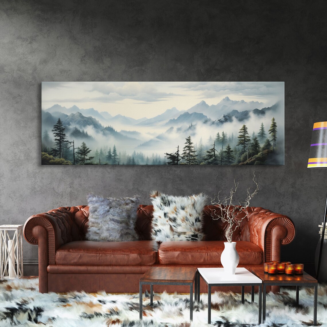 Foggy Mountain Forest Oil Landscape Art Print - Image 3