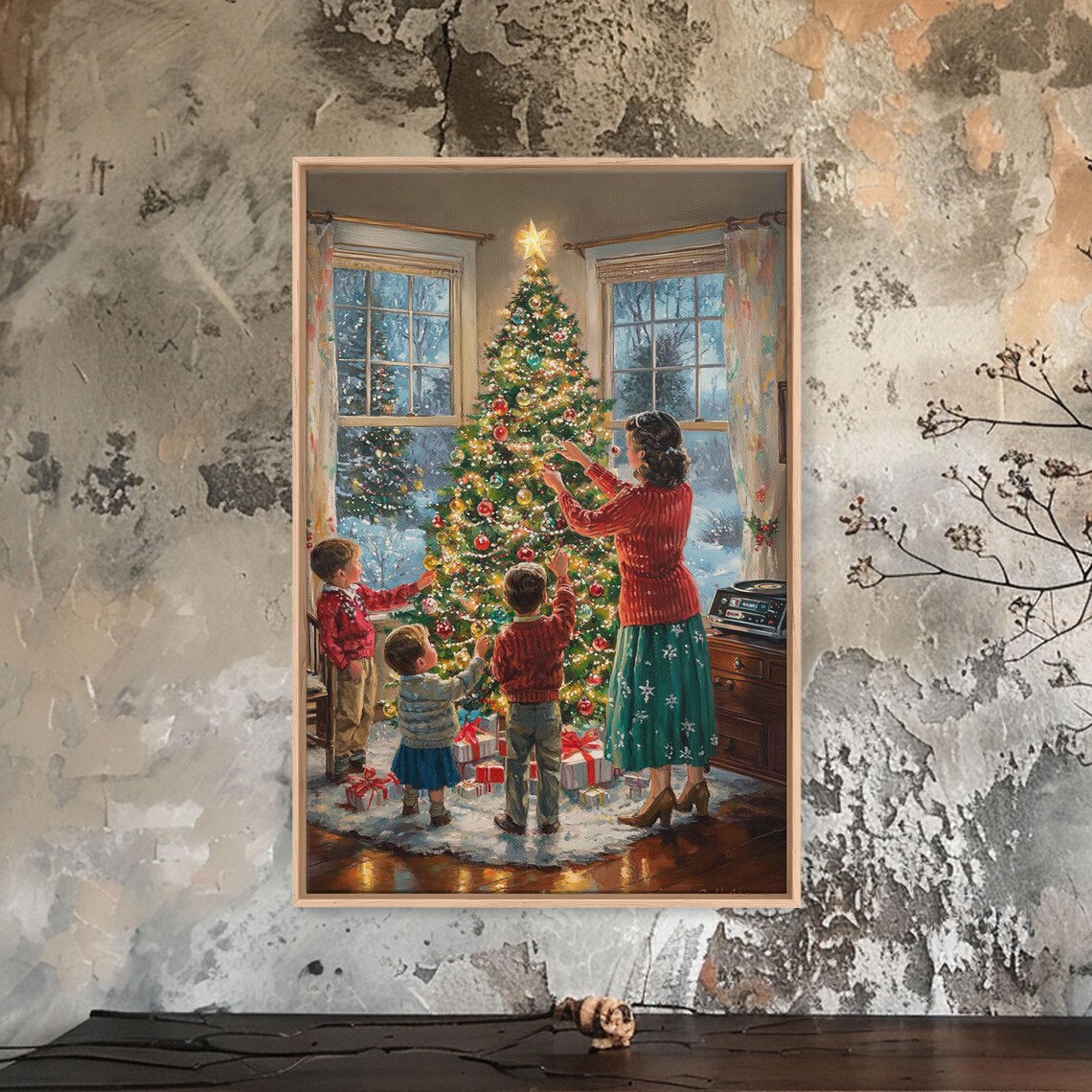 Retro Family Decorating Christmas Tree In Living Room Poster - Image 3