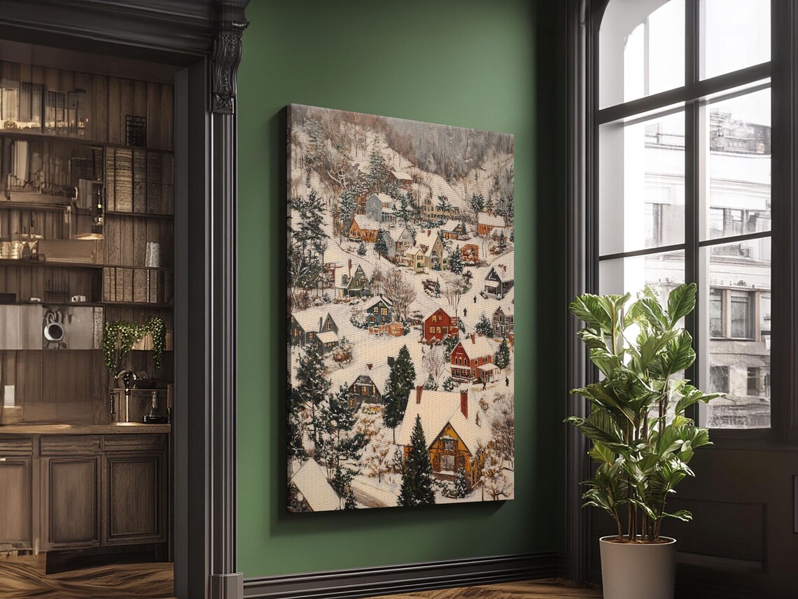 Christmas Village Covered In Snow Framed Print Christmas Oil Painting Print Vintage Christmas Art Print Christmas Wall Art - Image 4