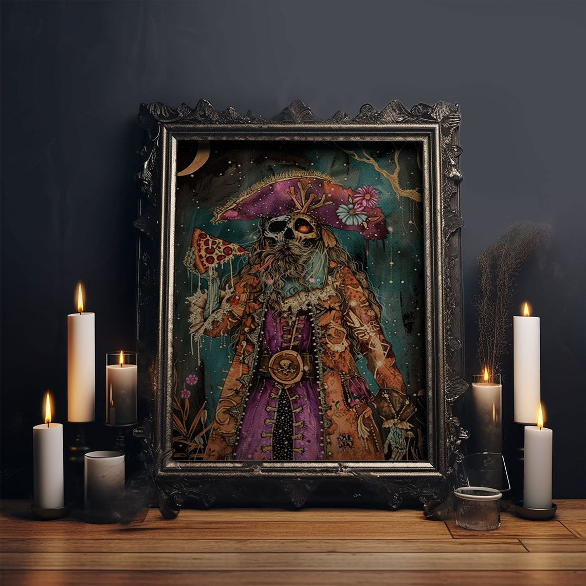 Skeleton Pirate Pizza Tricorn Hat Moonlit Night Fun Art Poster - Image 5
