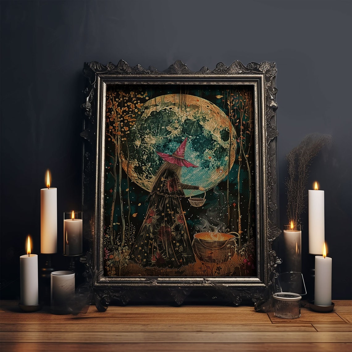 Witch Brewing Spells Under Full Moon Enchanted Halloween Art Print - Image 6