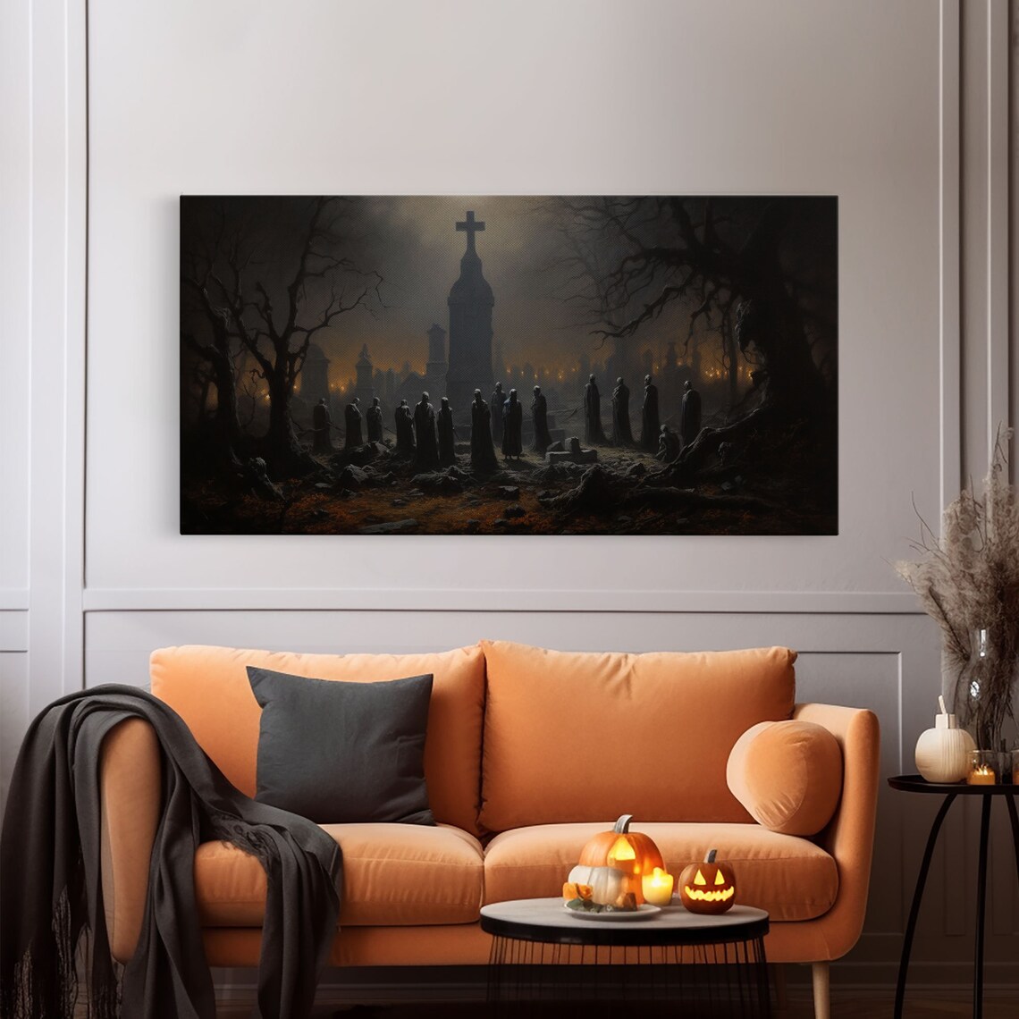 Haunted Cemetery Moonlit Church Cross Hooded Figures Graveyard Night Poster - Image 6