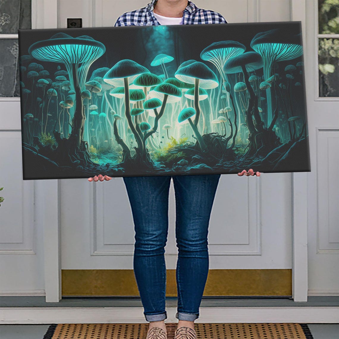 Glowing Bioluminescent Mushrooms Dark Forest Floor Teal Fantasy Poster - Image 4
