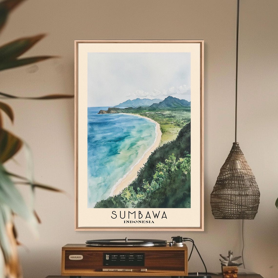 Sumbawa Indonesia Lush Green Bay Sandy Shore Mountain View Poster - Image 3