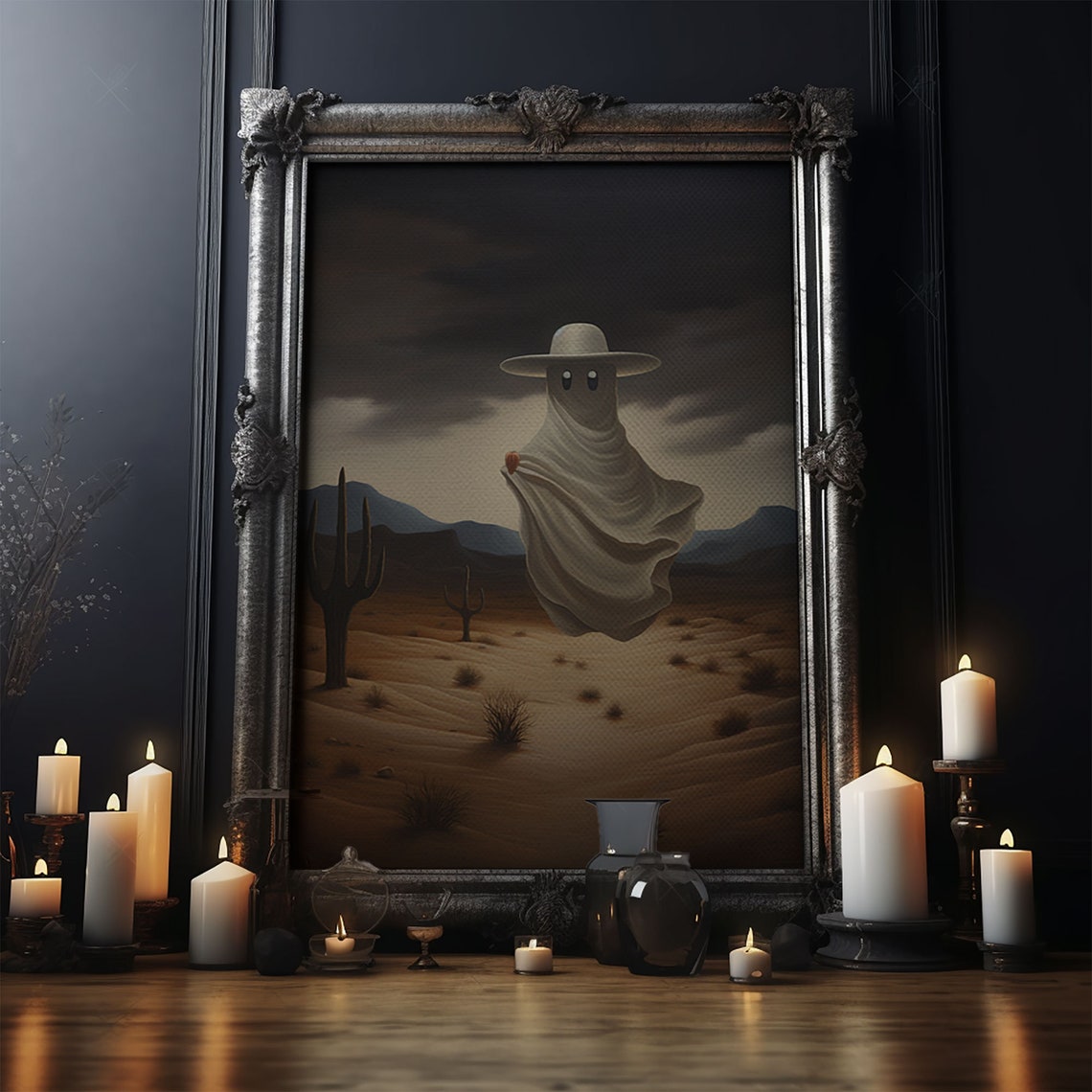Cowboy Ghost In Desert With Cactus Under Stormy Sky Western Print - Image 4