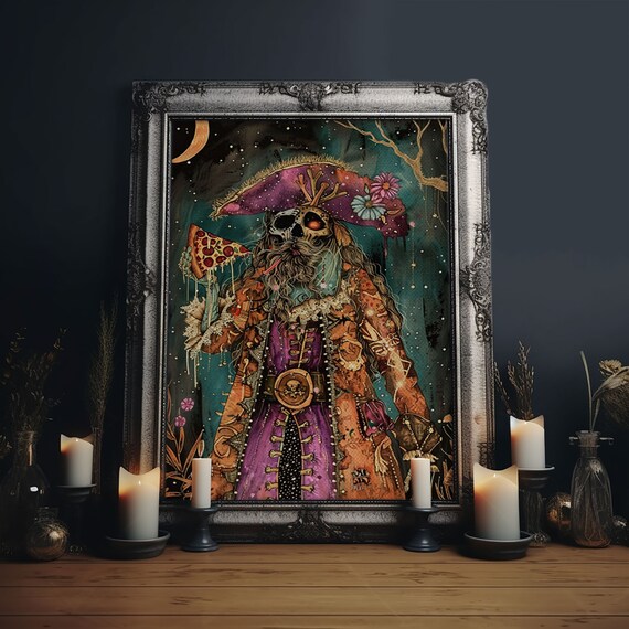 Skeleton Pirate Pizza Tricorn Hat Moonlit Night Fun Art Poster