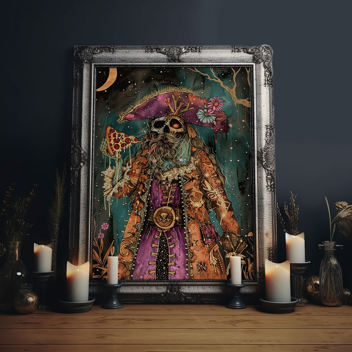 Skeleton Pirate Pizza Tricorn Hat Moonlit Night Fun Art Poster