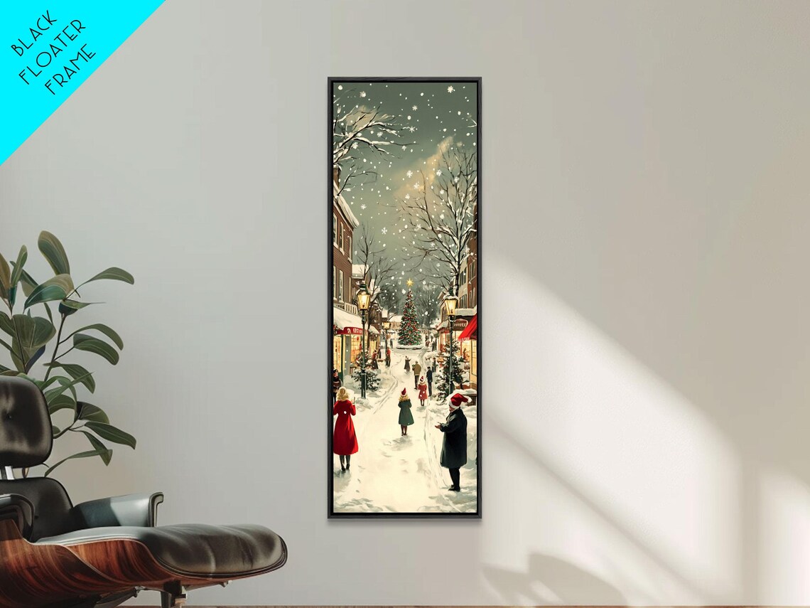 Snowy Christmas Street Market With Falling Snow Vintage Town Poster