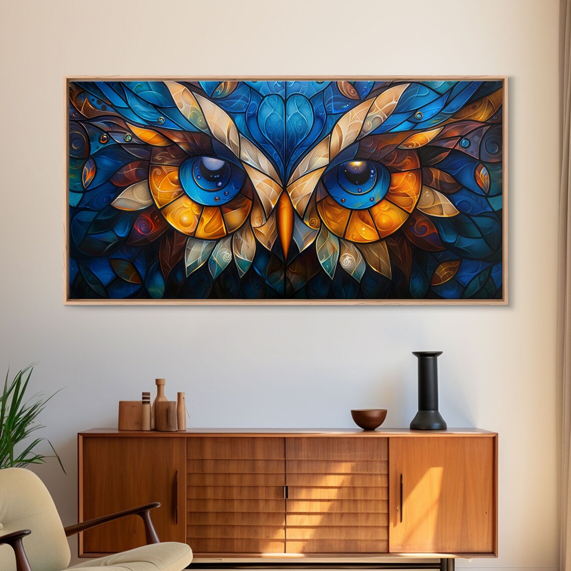 Stained Glass Owl Eyes Close Up Blue Gold Mosaic Face Art Poster