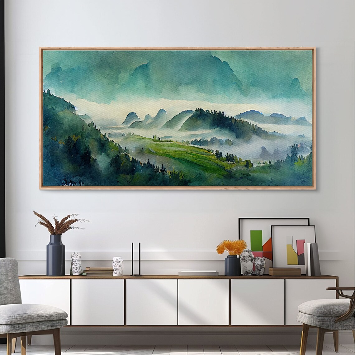 Blue Green Mountain Valley Watercolor Art Print - Image 5