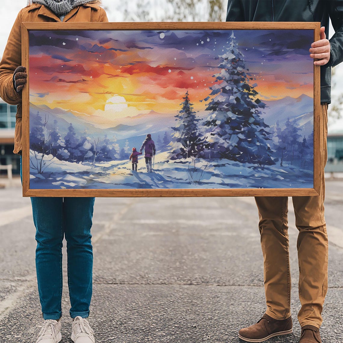 Parent And Child Hiking Through Snowy Pines At Sunset Winter Print - Image 3