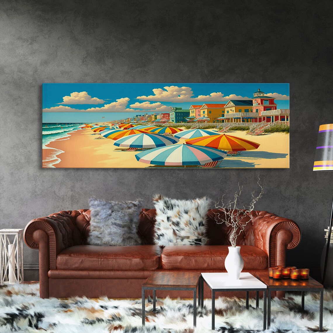 Beach Boardwalk Umbrellas, Mid-Century Modern Art Print - Image 3