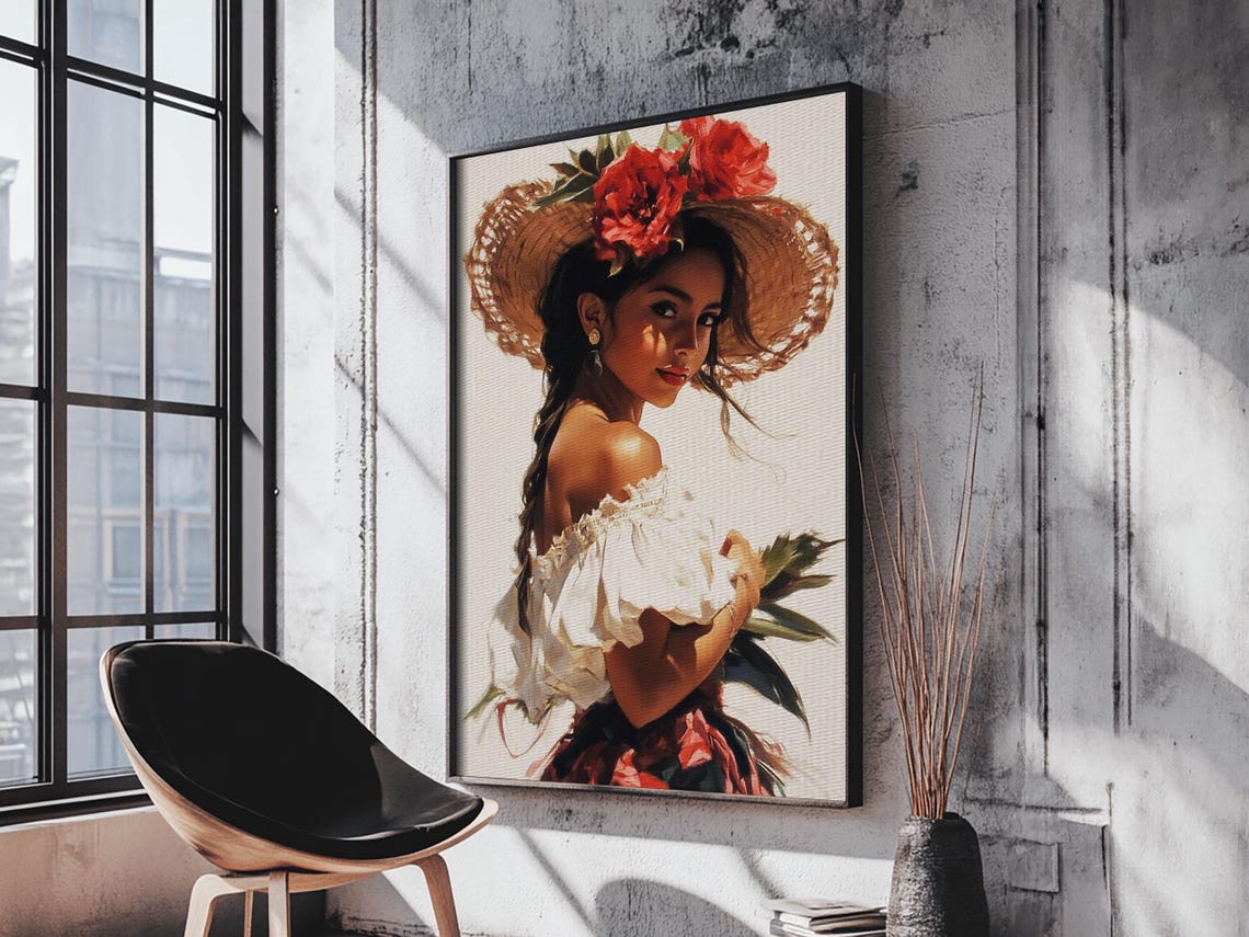 Latina Woman Straw Hat Red Flowers Portrait Mexican Wall Art Poster - Image 3