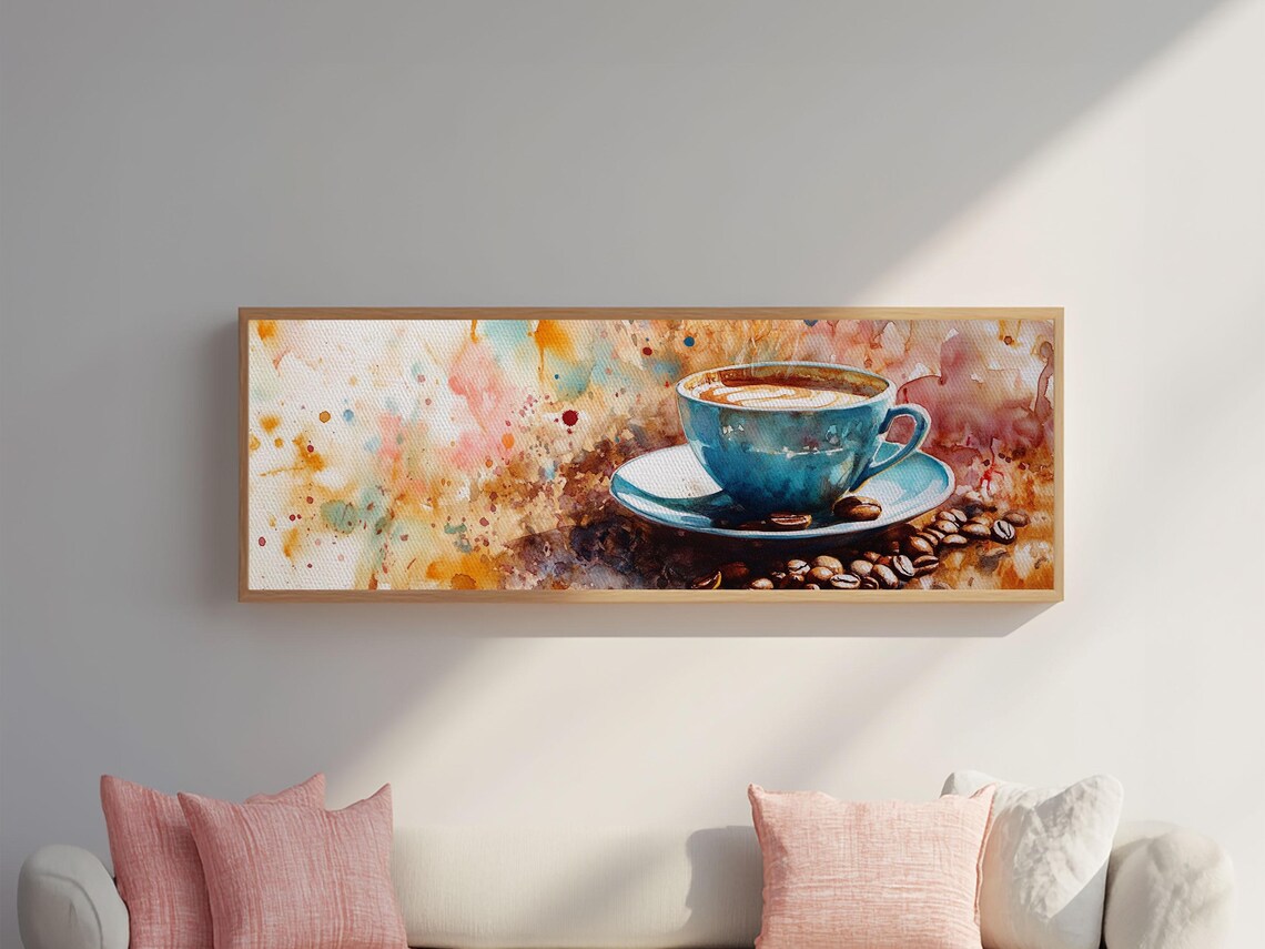 Latte Art Coffee Cup Watercolor Panoramic Colorful Kitchen Wall Poster - Image 6
