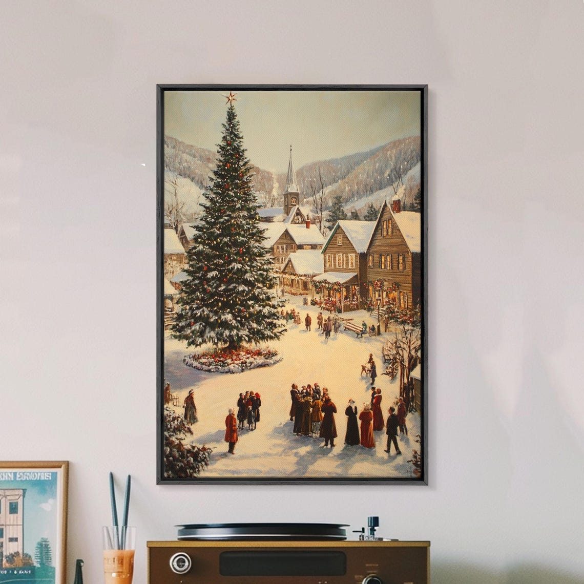 Victorian Christmas Village Snowy Tree And Church Square Poster - Image 2