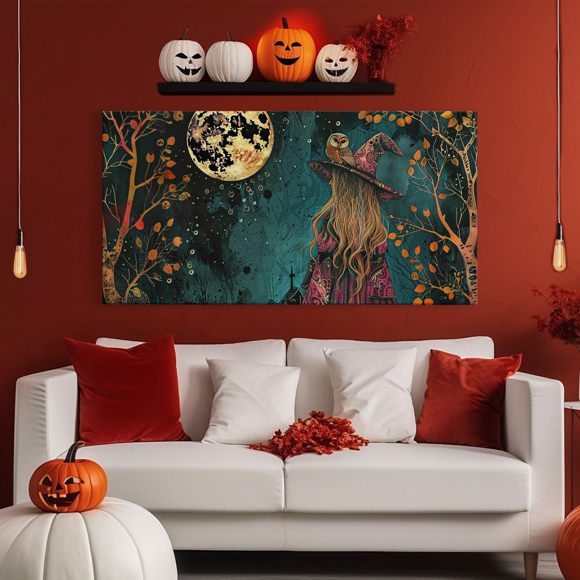 Victorian Witch With Owl Familiar Gazing At Full Moon Art Print - Image 6