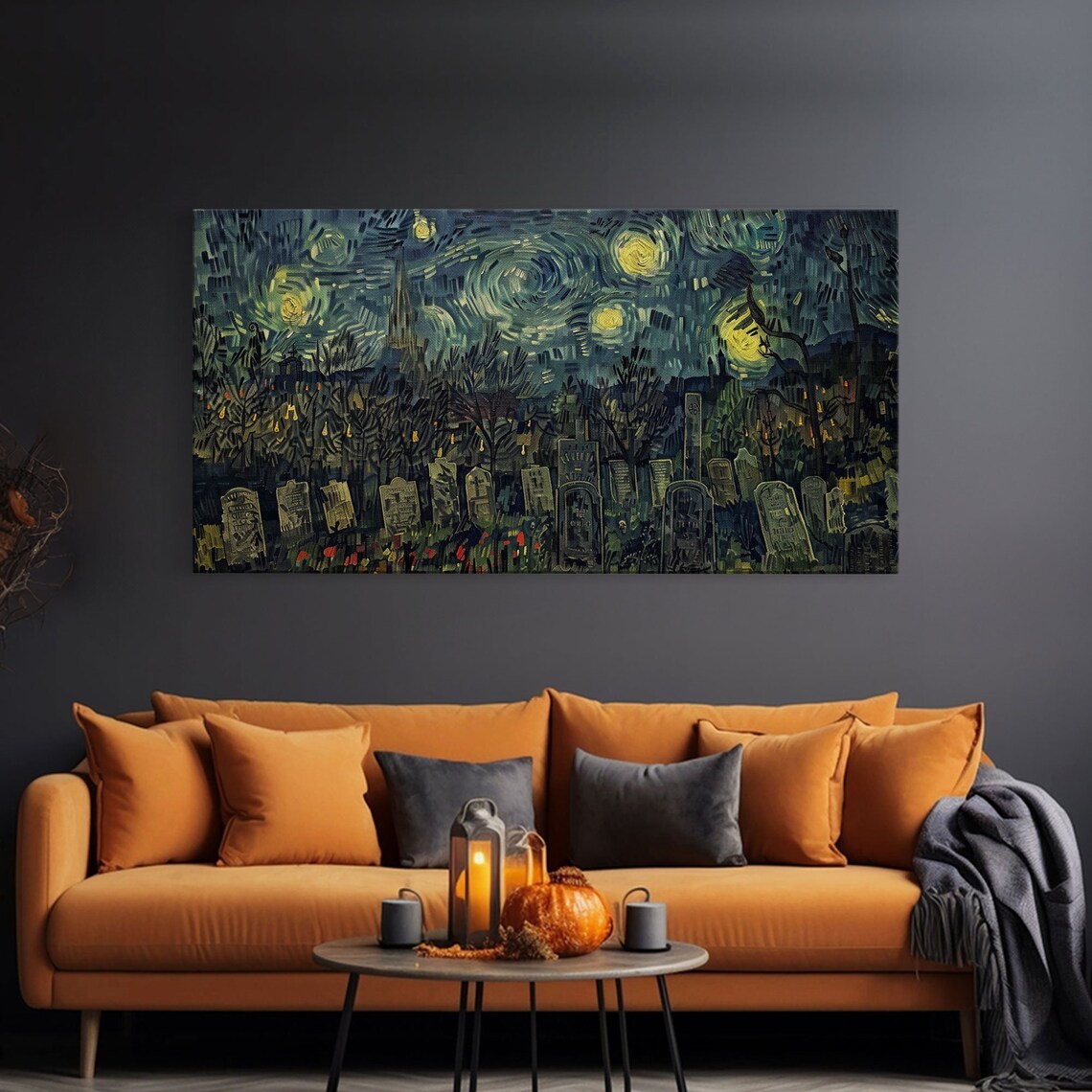 Starry Night Haunted Cemetery Tombstones Church Swirling Sky Halloween Poster - Image 3