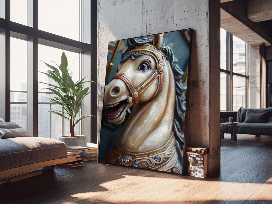 Vintage Carousel Horse Head Eerie Carnival Painting Art Print - Image 3