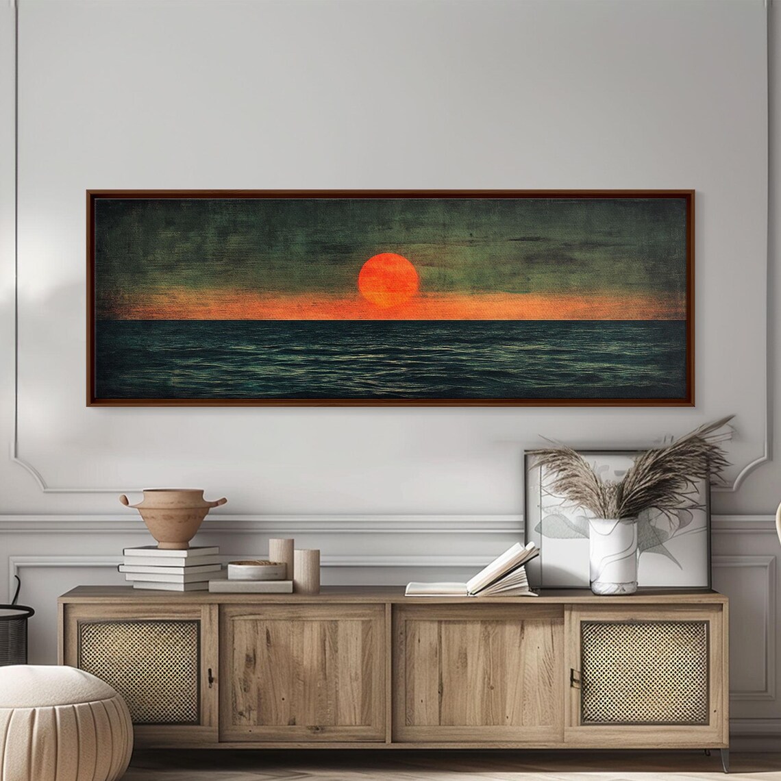 Embers Of The Horizon Sunset Panoramic Red Sun Teal Sea Moody Wall Art - Image 3