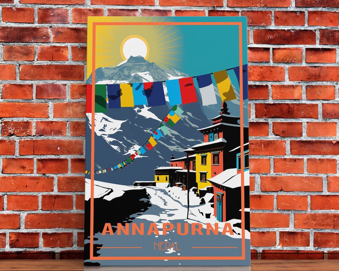 Annapurna Nepal Snowy Peaks Prayer Flags Village Retro Travel Poster - Image 5