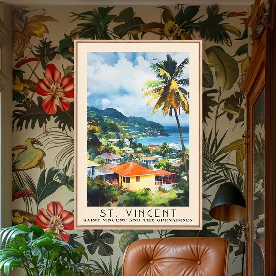 St Vincent Caribbean Hillside Town Colorful Houses Palm Tree Poster