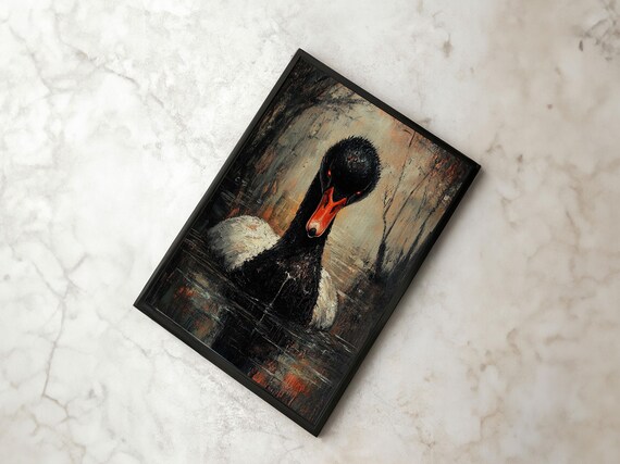 Dark Gothic Black Swan On Still Water Moody Oil Painting Poster